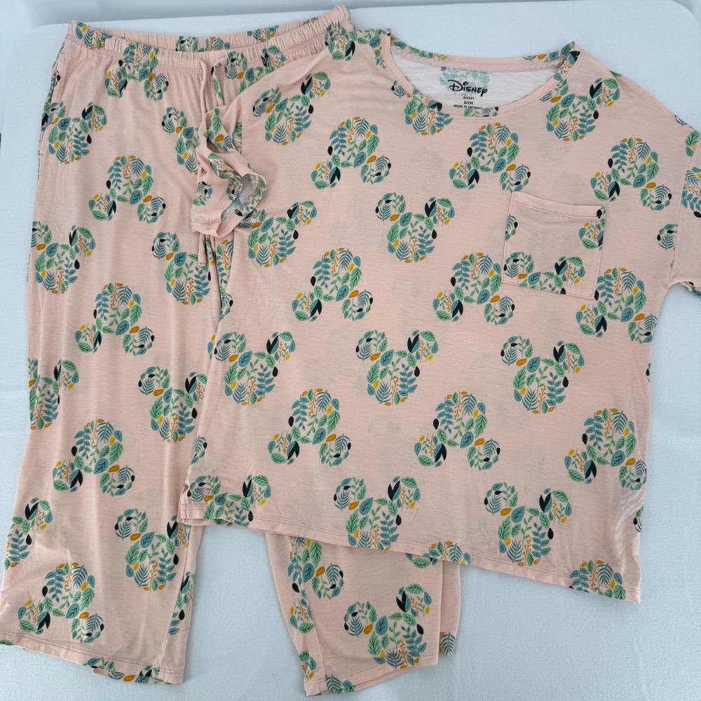 Disney Pajama Set Womens Small Pink Mickey Mouse Botanical Leaf Print‎ PJ Lounge - Picture 2 of 8